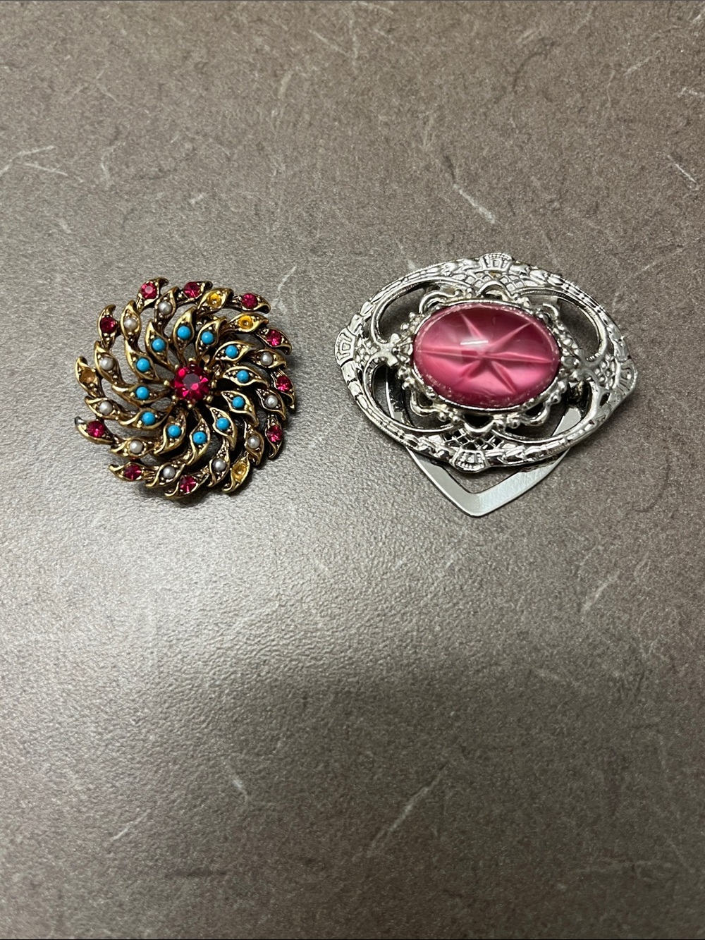 Pretty floral brooch and pink and silver tone scarf clip